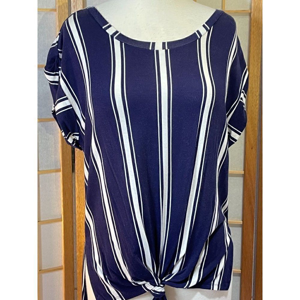 Love Fire Med Navy Striped Tie Front High Low Top